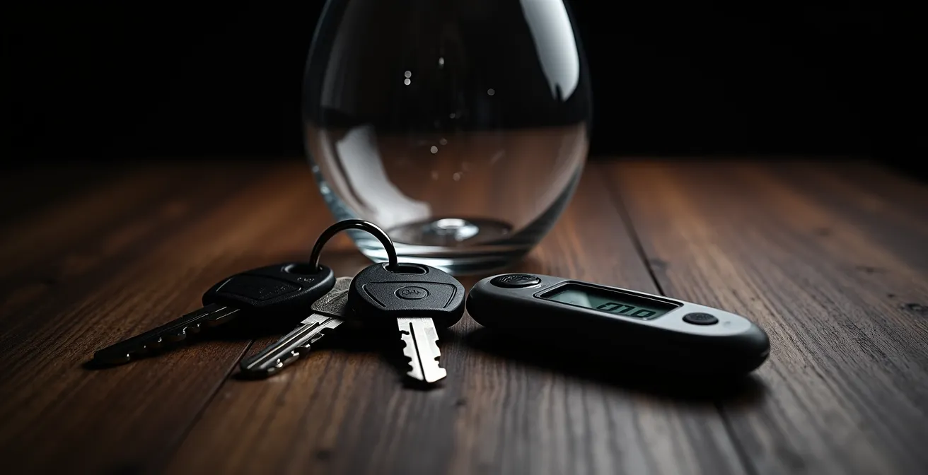 Nahaufnahme von Händen mit Autoschlüsseln neben einem verschwommenen Glas, was die Gefahr von Alkohol und Diabetes im Strassenverkehr symbolisiert.