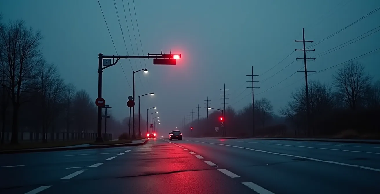 Nahaufnahme eines modernen Ampelblitzers an einer Kreuzung bei Dämmerung, das rote Licht leuchtet intensiv.