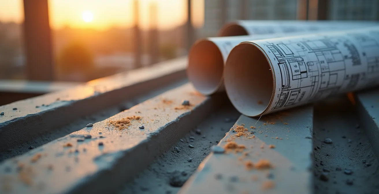 Baustelle mit Kran und Rohbau eines modernen Bürogebäudes im Abendlicht