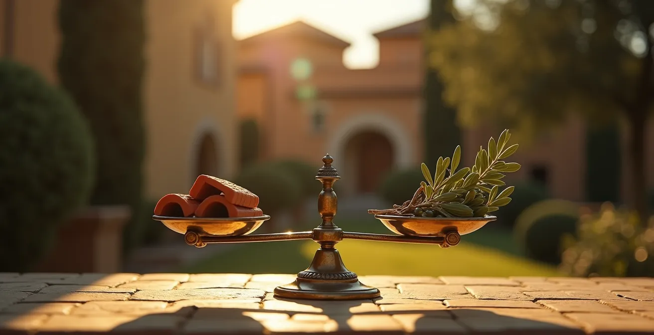 Symbolische Darstellung einer geteilten Waage mit mediterraner Architektur