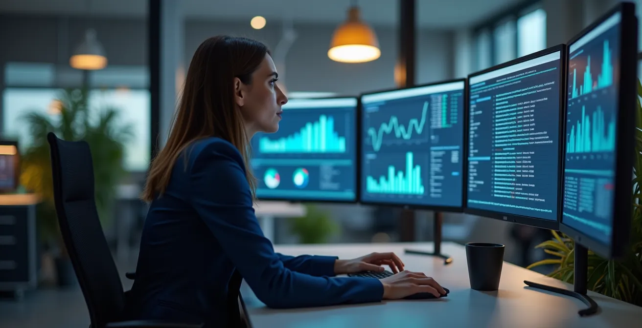 Moderner Arbeitsplatz mit mehreren Monitoren zeigt abstrakte Datenvisualisierungen