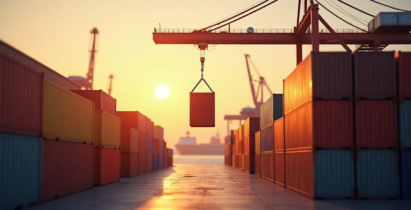 Containerschiff im Hafen symbolisiert Gefahrenübergang bei internationalen Lieferungen