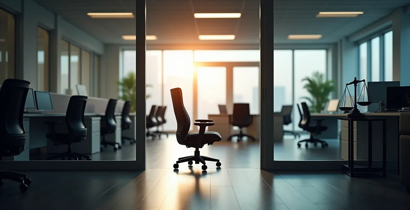 Büroumgebung mit symbolischer Darstellung des Direktionsrechts des Arbeitgebers zwischen Büro und Home-Office