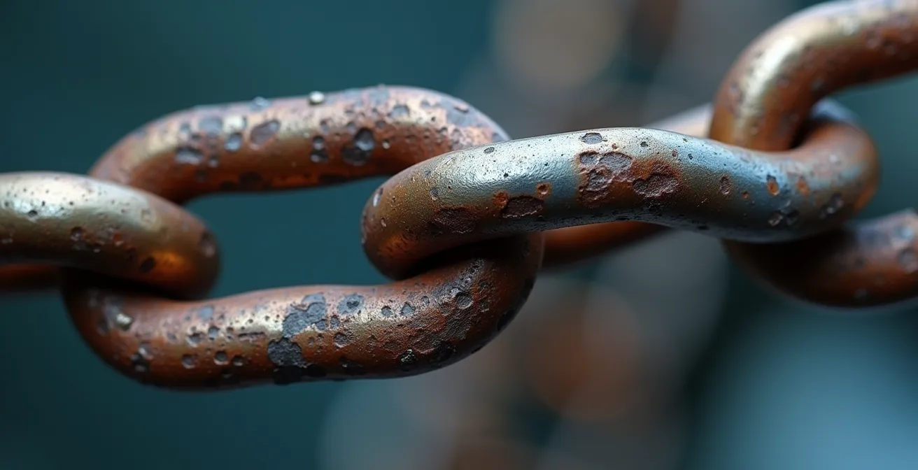 Abstraktes Konzeptbild zeigt drei verbundene Metallglieder einer Kette mit unterschiedlicher Fokustiefe