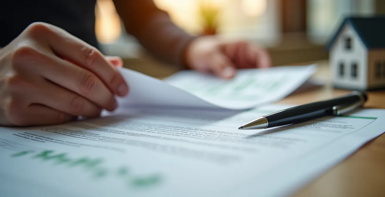 Geschäftspartner mit Vertragsdokumenten und Hausmodell symbolisiert persönliche Haftung