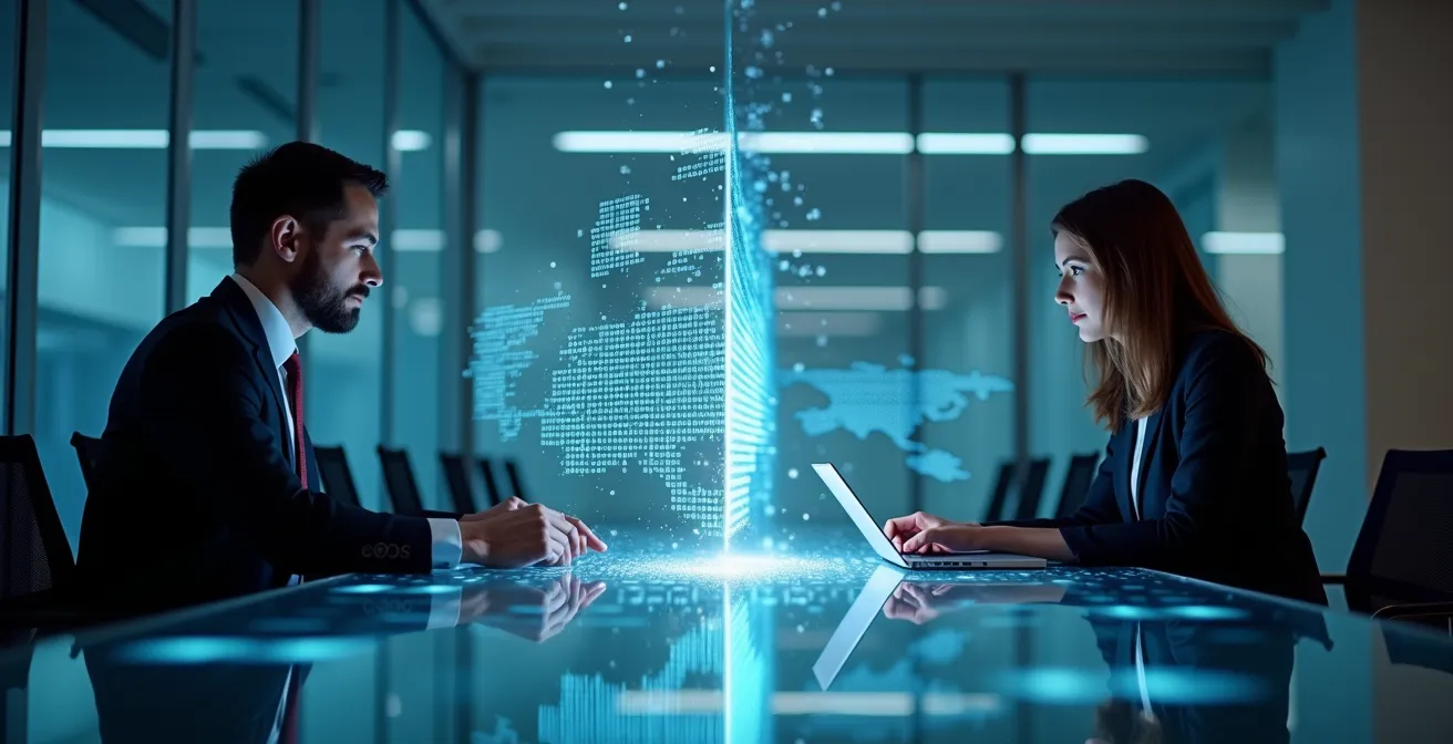 Zwei Geschäftspartner arbeiten gemeinsam an einem digitalen Projekt mit vernetzten Datenpunkten