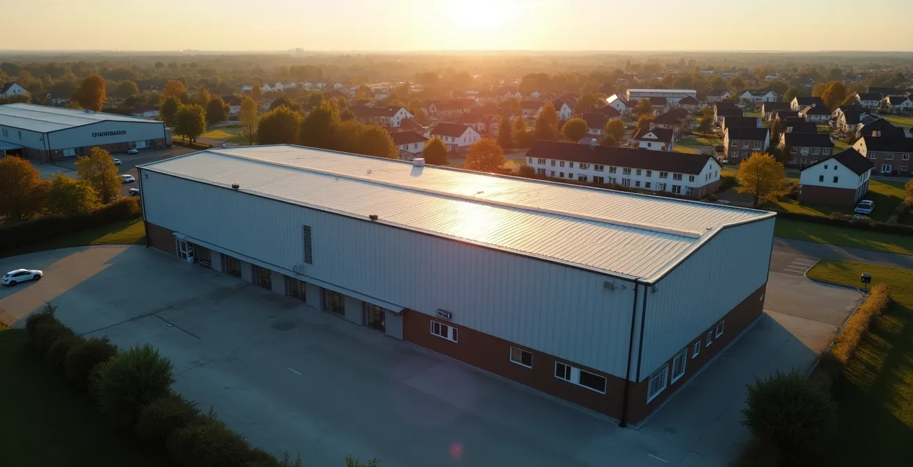 Gewerbehalle in direkter Nachbarschaft zu Wohnhäusern aus der Vogelperspektive