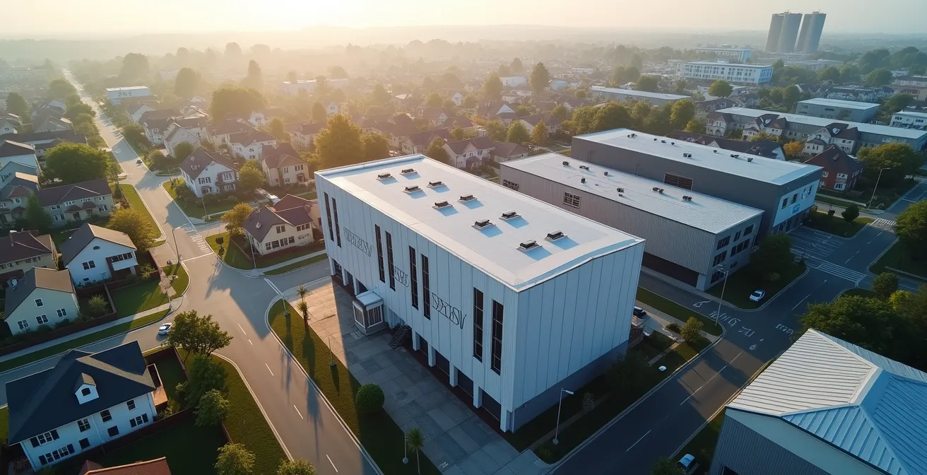 Gewerbehalle in gemischter Bebauung mit verschiedenen Gebietszonen
