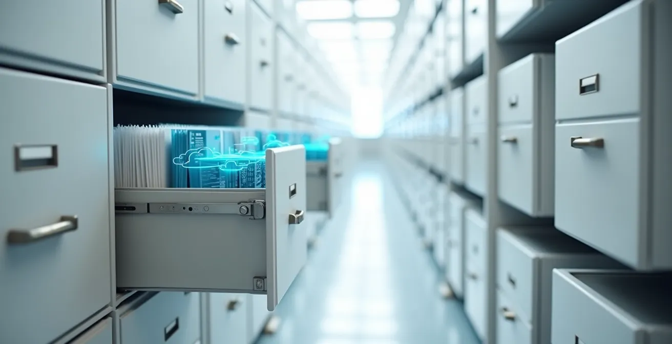Archivschrank mit Fotoordnern und digitale Cloud-Speicherung im Vergleich