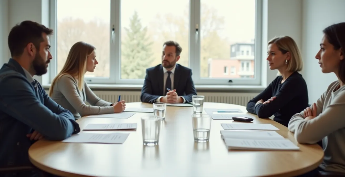 Mediationsgespräch zwischen getrennten Eltern in neutralem Raum