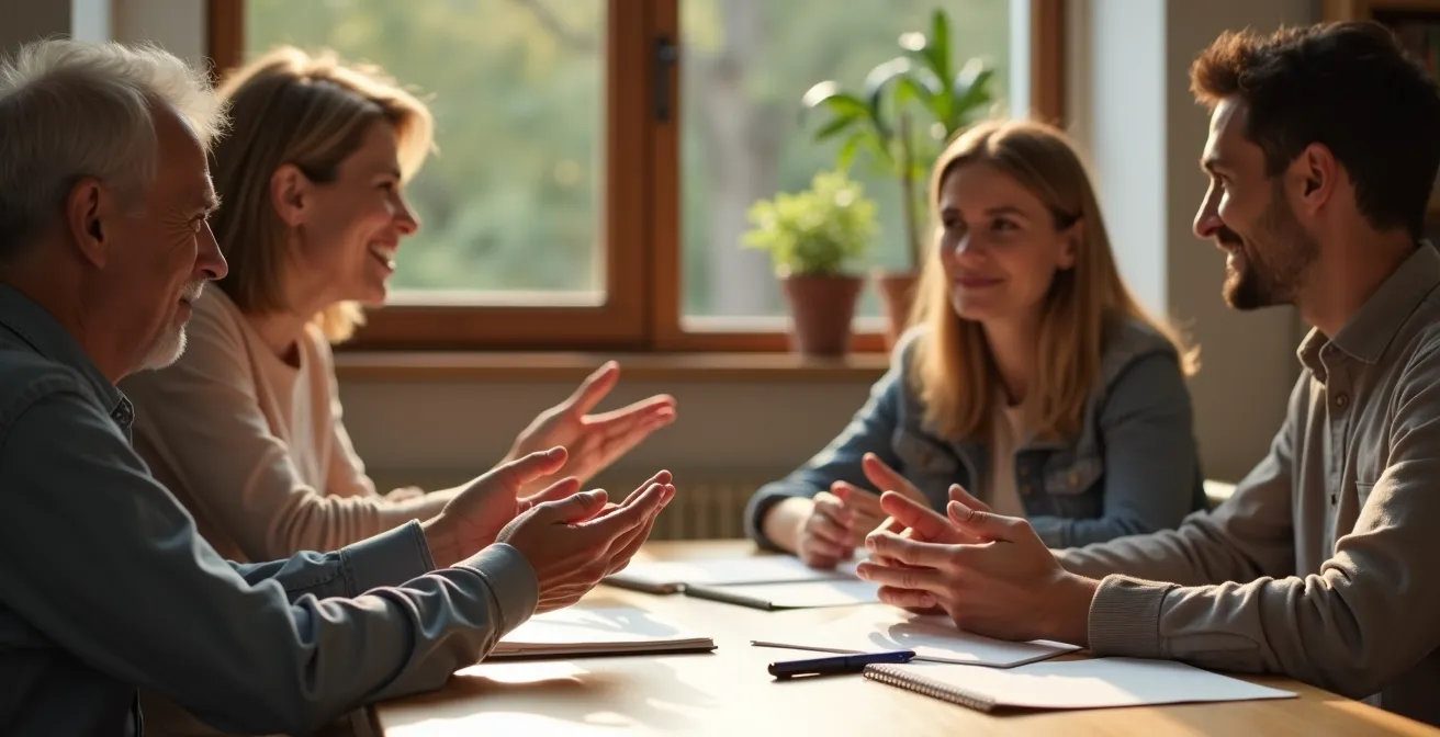 Eine Patchwork-Familie in einem emotionalen Beratungsgespräch über die komplexen Regelungen des Erbrechts.