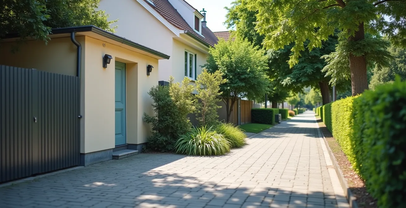Weitwinkelaufnahme eines deutschen Wohngebiets mit Einfamilienhaus und Gehweg, Kameraposition nur als kleine Silhouette erkennbar