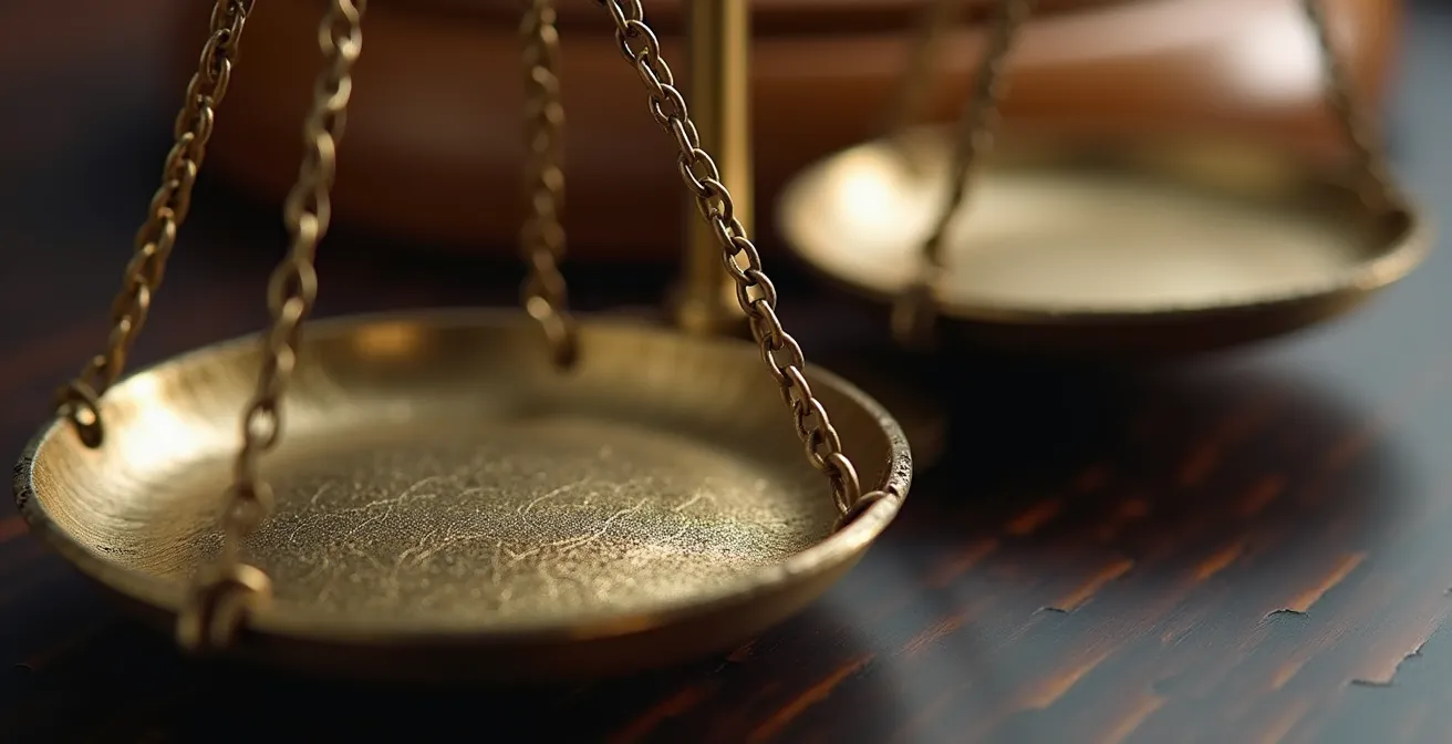 Nahaufnahme der Waage der Gerechtigkeit in einem Gerichtssaal als Symbol für den Zugang zum Recht durch Prozesskostenhilfe.