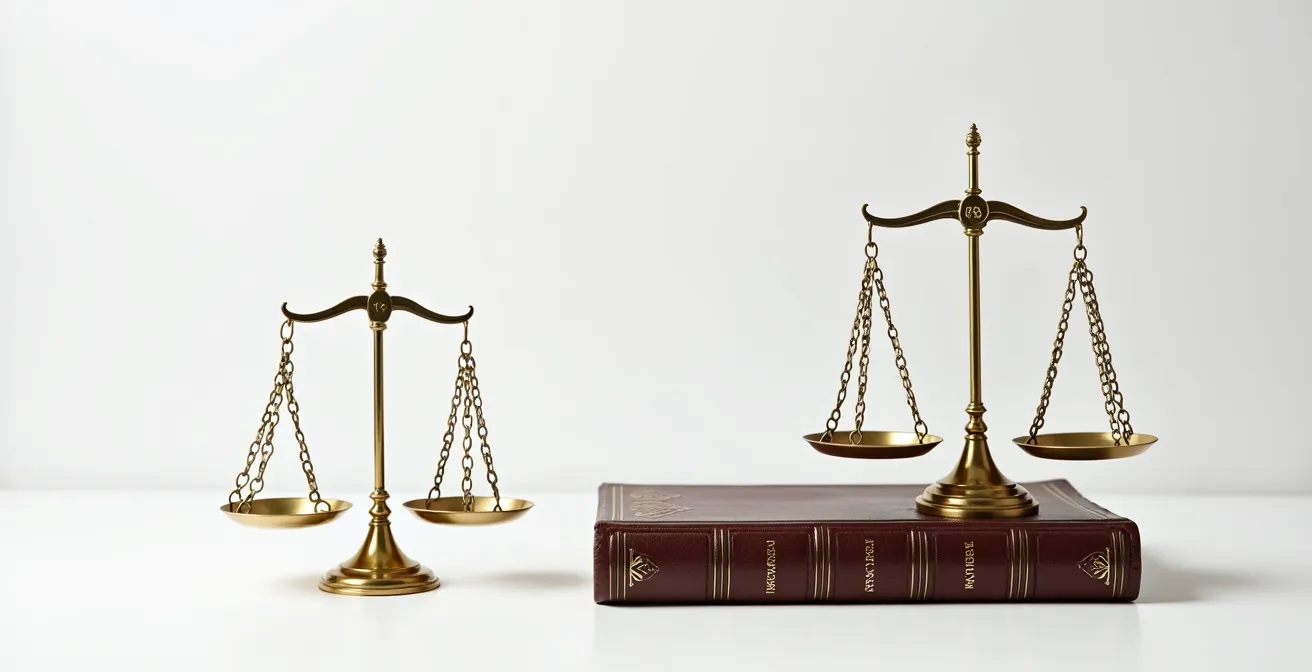 Waage der Justiz in Balance mit deutschem Gesetzbuch symbolisiert Rechtssicherheit
