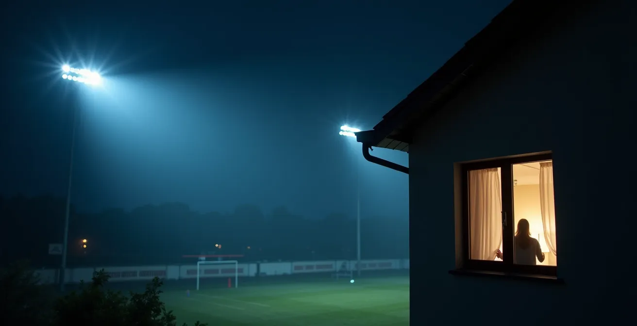 Nächtlich beleuchteter Sportplatz mit angrenzenden Wohnhäusern