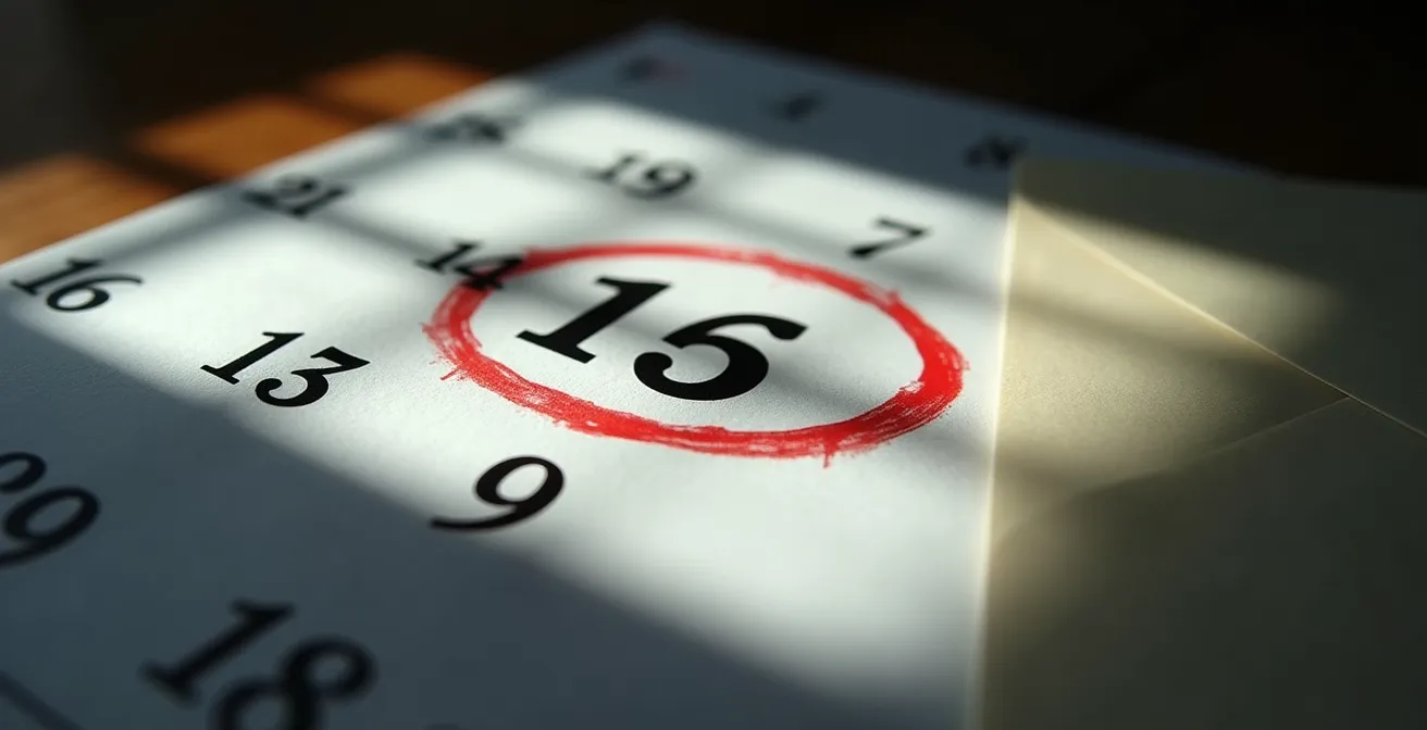 Ein Kalender, auf dem die 14-tägige Einspruchsfrist für einen Strafbefehl markiert ist.