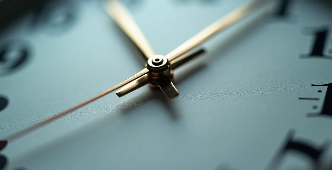 Nahaufnahme einer Uhr mit Arbeitszeitdokumentation im unscharfen Hintergrund
