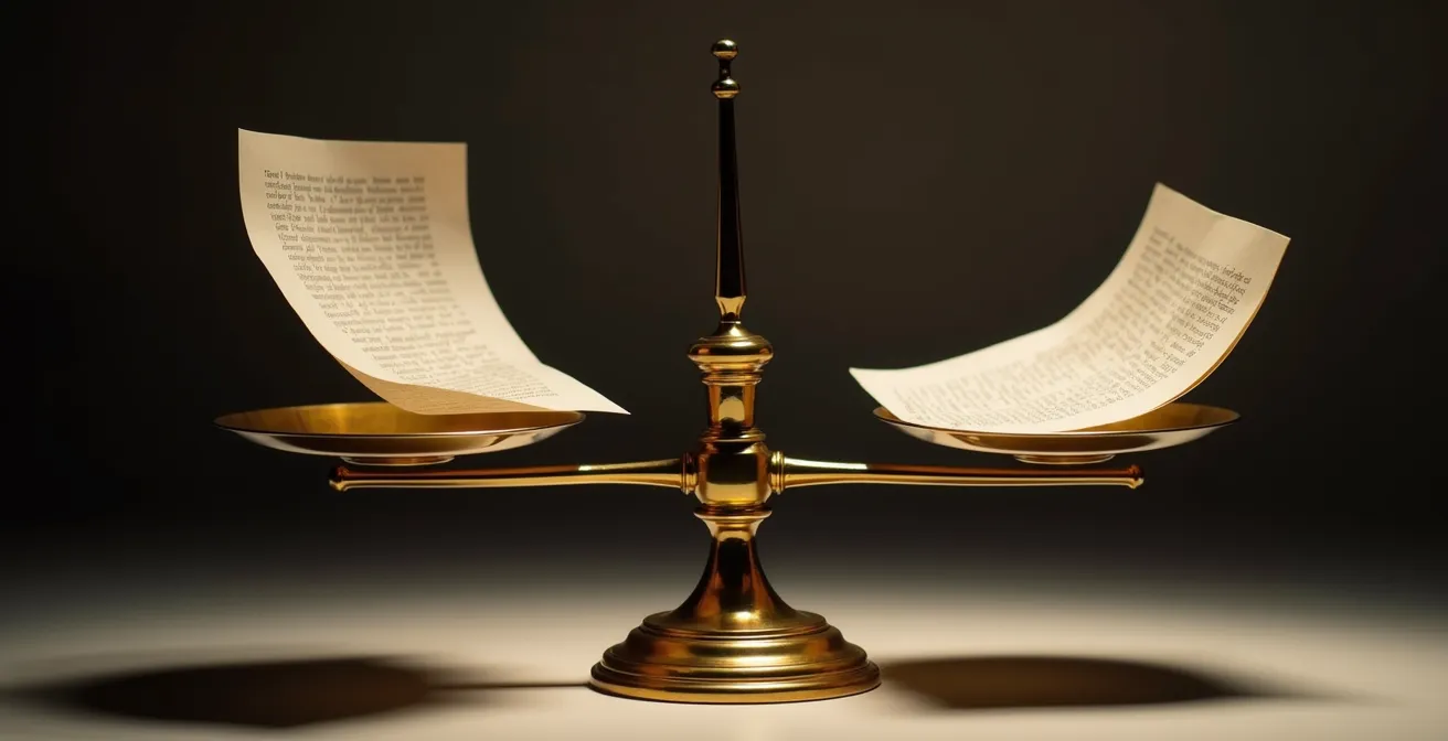 Symbolische Waage im Gleichgewicht zwischen Arbeitsvertrag und Tarifvertrag